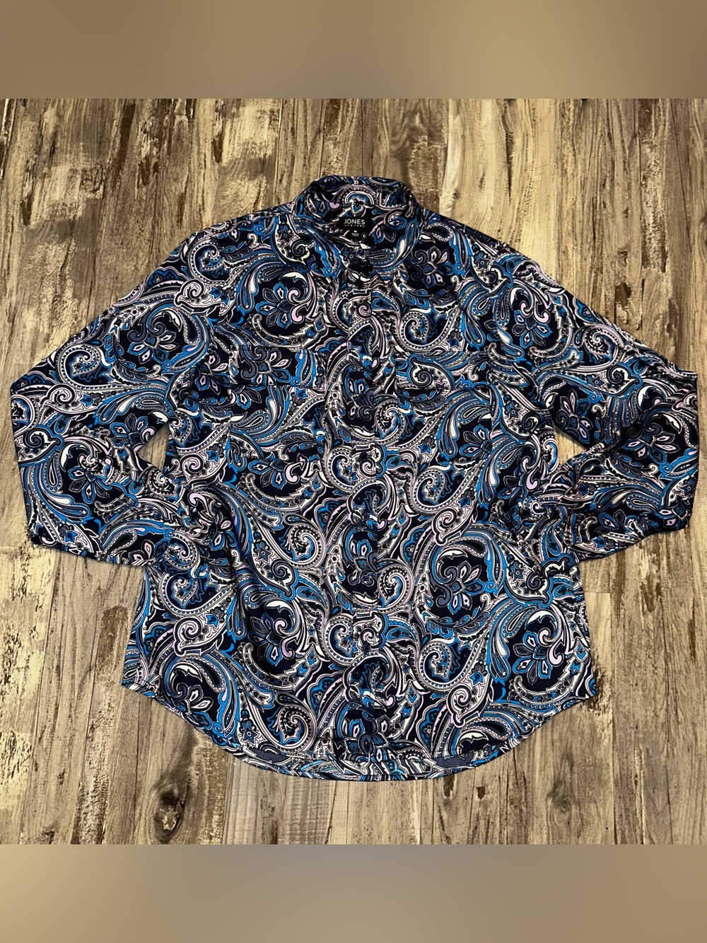 Jones New York Navy/Purple Paisley Satin Button-Up Blouse-M
